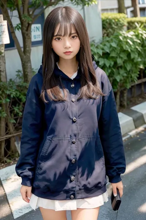 (skin blemish:1.2), (skindentation), black eye, 1woman, 25yo, (((woman))), solo, realistic, best quality, photorealistic, masterpiece, 8k, high res, solo, extremely detailed face, (professional lighting, bokeh), (light particles, lens flare, glowing particles:0.6), (dynamic pose:1.2), soft lighting, top angle view, fashionable and trendy atmosphere, japan, (street:1), tokyo, (city), river, ((nighttime)), sky, ((looking at the viewer:1)), (looking at the camera),(portrait:0.6), cowboy shot, gorgeous, walking, keep original facial proportion, wide shoulder, full body, (medium breast), (long hair), brown hair, floating hair, lips, lipstick, seductive smile, floating hair, smile, open_mouth, teeth, eye ring, hoodie, hood, (school uniform:1), ma1 jacket, hood coat, mole, (mole under eye:1), <lora:SaitoA:0.95>