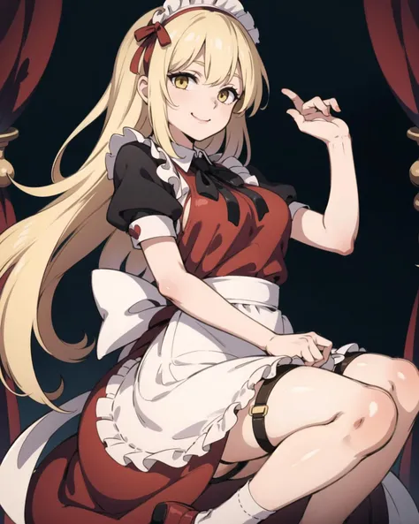 Anime girl with long hair and white stockings sitting on bed, Splash art anime , small curvaceous loliime girl in a maid costume, anime visual of a cute girl, loli in s, the anime girl is crouching, small loli girl, stive anime girls, anime barbie in white stockings, a maid in a magical forest, anime best girl