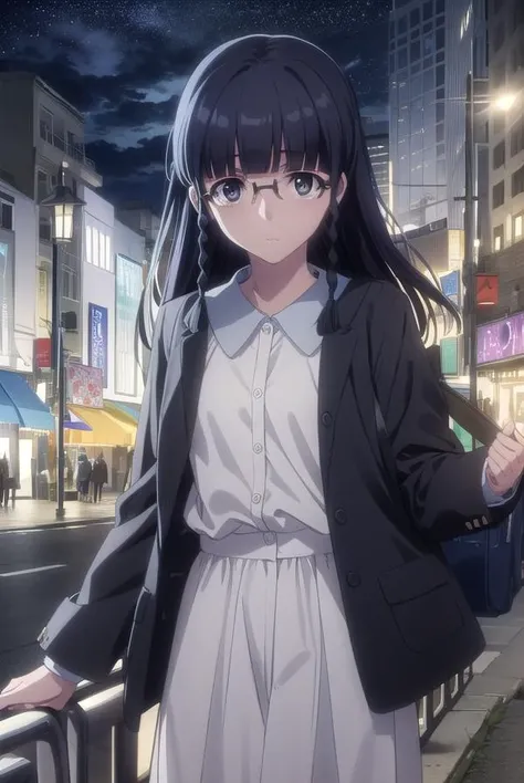 setsunashimazaki, <lora:setsuna shimazaki s1-lora-nochekaiser:1>,
setsuna shimazaki, long hair, bangs, (black eyes:1.5), black hair, braid, glasses, blunt bangs, twin braids, semi-rimless eyewear, under-rim eyewear,
BREAK shirt, blue shirt, collared shirt, cardigan, yellow cardigan, skirt, blue skirt,
BREAK outdoor, city, night, sky, buildings, moon, clouds,
BREAK looking at viewer, (cowboy shot:1.5),
BREAK <lyco:GoodHands-beta2:1>, (masterpiece:1.2), best quality, high resolution, unity 8k wallpaper, (illustration:0.8), (beautiful detailed eyes:1.6), extremely detailed face, perfect lighting, extremely detailed CG, (perfect hands, perfect anatomy),