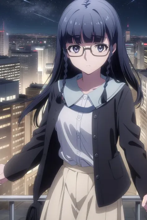setsunashimazaki, <lora:setsuna shimazaki s1-lora-nochekaiser:1>,
setsuna shimazaki, long hair, bangs, (black eyes:1.5), black hair, braid, glasses, blunt bangs, twin braids, semi-rimless eyewear, under-rim eyewear,
BREAK shirt, blue shirt, collared shirt, cardigan, yellow cardigan, skirt, blue skirt,
BREAK outdoor, city, night, sky, buildings, moon, clouds,
BREAK looking at viewer, (cowboy shot:1.5),
BREAK <lyco:GoodHands-beta2:1>, (masterpiece:1.2), best quality, high resolution, unity 8k wallpaper, (illustration:0.8), (beautiful detailed eyes:1.6), extremely detailed face, perfect lighting, extremely detailed CG, (perfect hands, perfect anatomy),