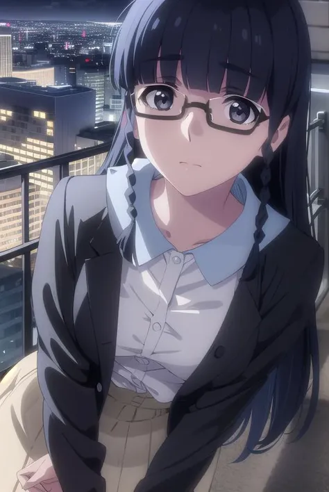 setsunashimazaki, <lora:setsuna shimazaki s1-lora-nochekaiser:1>,
setsuna shimazaki, long hair, bangs, (black eyes:1.5), black hair, braid, glasses, blunt bangs, twin braids, semi-rimless eyewear, under-rim eyewear,
BREAK shirt, blue shirt, collared shirt, cardigan, yellow cardigan, skirt, blue skirt,
BREAK outdoor, city, night, sky, buildings, moon, clouds,
BREAK looking at viewer, (cowboy shot:1.5),
BREAK <lyco:GoodHands-beta2:1>, (masterpiece:1.2), best quality, high resolution, unity 8k wallpaper, (illustration:0.8), (beautiful detailed eyes:1.6), extremely detailed face, perfect lighting, extremely detailed CG, (perfect hands, perfect anatomy),