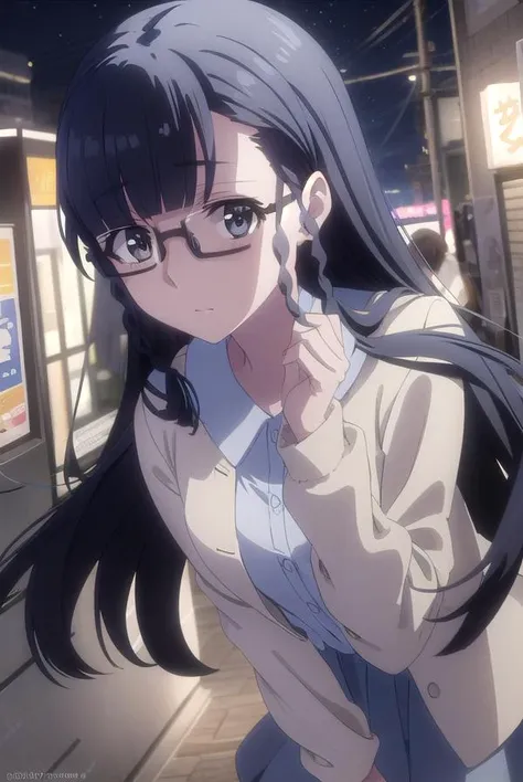 setsunashimazaki, <lora:setsuna shimazaki s1-lora-nochekaiser:1>,
setsuna shimazaki, long hair, bangs, (black eyes:1.5), black hair, braid, glasses, blunt bangs, twin braids, semi-rimless eyewear, under-rim eyewear,
BREAK shirt, blue shirt, collared shirt, cardigan, yellow cardigan, skirt, blue skirt,
BREAK outdoor, city, night, sky, buildings, moon, clouds,
BREAK looking at viewer, (cowboy shot:1.5),
BREAK <lyco:GoodHands-beta2:1>, (masterpiece:1.2), best quality, high resolution, unity 8k wallpaper, (illustration:0.8), (beautiful detailed eyes:1.6), extremely detailed face, perfect lighting, extremely detailed CG, (perfect hands, perfect anatomy),
