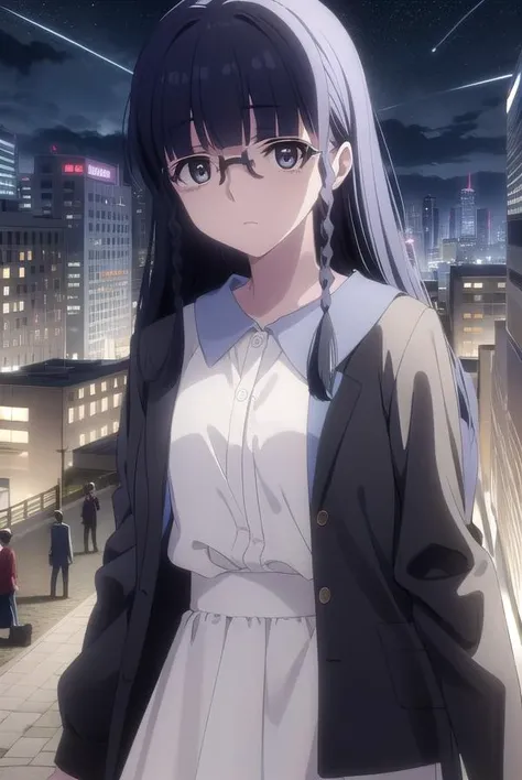 setsunashimazaki, <lora:setsuna shimazaki s1-lora-nochekaiser:1>,
setsuna shimazaki, long hair, bangs, (black eyes:1.5), black hair, braid, glasses, blunt bangs, twin braids, semi-rimless eyewear, under-rim eyewear,
BREAK shirt, blue shirt, collared shirt, cardigan, yellow cardigan, skirt, blue skirt,
BREAK outdoor, city, night, sky, buildings, moon, clouds,
BREAK looking at viewer, (cowboy shot:1.5),
BREAK <lyco:GoodHands-beta2:1>, (masterpiece:1.2), best quality, high resolution, unity 8k wallpaper, (illustration:0.8), (beautiful detailed eyes:1.6), extremely detailed face, perfect lighting, extremely detailed CG, (perfect hands, perfect anatomy),