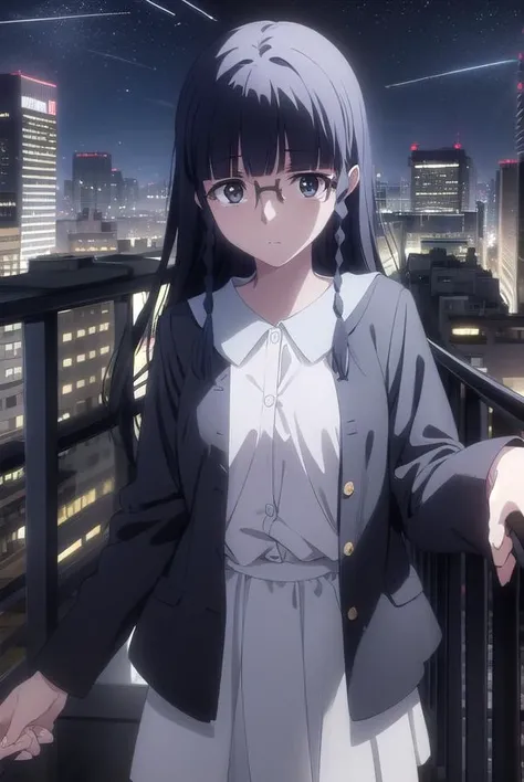 setsunashimazaki, <lora:setsuna shimazaki s1-lora-nochekaiser:1>,
setsuna shimazaki, long hair, bangs, (black eyes:1.5), black hair, braid, glasses, blunt bangs, twin braids, semi-rimless eyewear, under-rim eyewear,
BREAK shirt, blue shirt, collared shirt, cardigan, yellow cardigan, skirt, blue skirt,
BREAK outdoor, city, night, sky, buildings, moon, clouds,
BREAK looking at viewer, (cowboy shot:1.5),
BREAK <lyco:GoodHands-beta2:1>, (masterpiece:1.2), best quality, high resolution, unity 8k wallpaper, (illustration:0.8), (beautiful detailed eyes:1.6), extremely detailed face, perfect lighting, extremely detailed CG, (perfect hands, perfect anatomy),