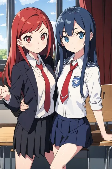 2girls, red hair, red eyes, school uniform,  <lora:kantoku:0.8> , flat chest, 
blue eyes, blue hair,  large breasts,