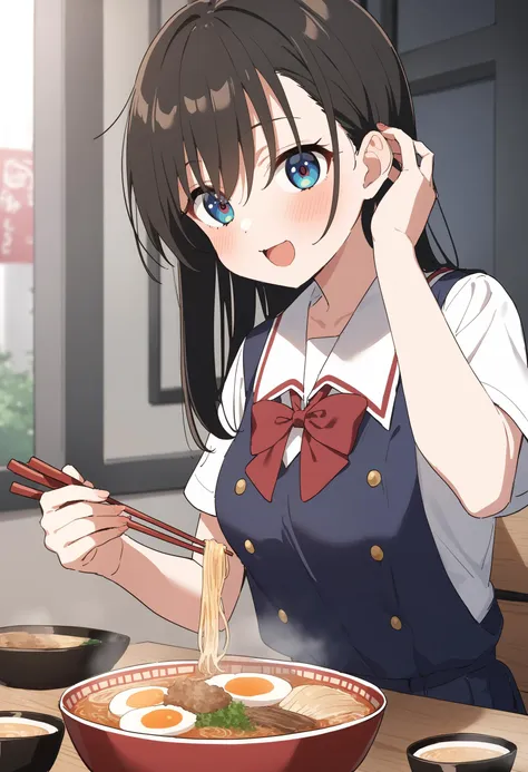 1girl,sincos, ningen mame, toosaka asagi,solo,medium breasts,school uniform,
tucking hair, tucking hair, hand up, hair tucking, hand in hair, adjusting hair,<lora:tuckinghair_XL_v1:0.7>
ramen, chopsticks, eating, smile, happy, open mouth,
best quality, very aesthetic, absurdres,