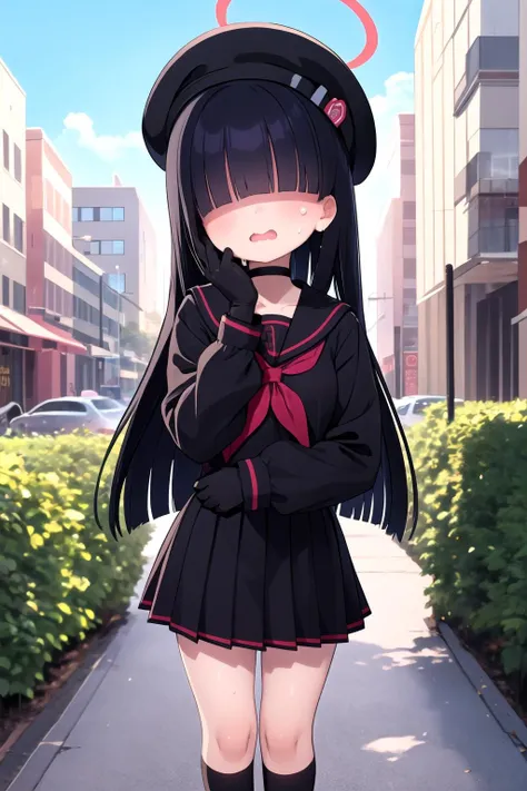 <lora:JTFMob_BA:1:lbw=1,0,0,1,1,1,1,1,1,1,1,1,1,0,0,0,0>,jtfmob,halo,hair over eyes,black hair,long hair,beret,black serafuku,black shirt,long sleeves,black miniskirt,choker,black gloves,black socks,black shoes,outdoors,cityscape,sweat,wavy mouth,hand on own cheek,standing,