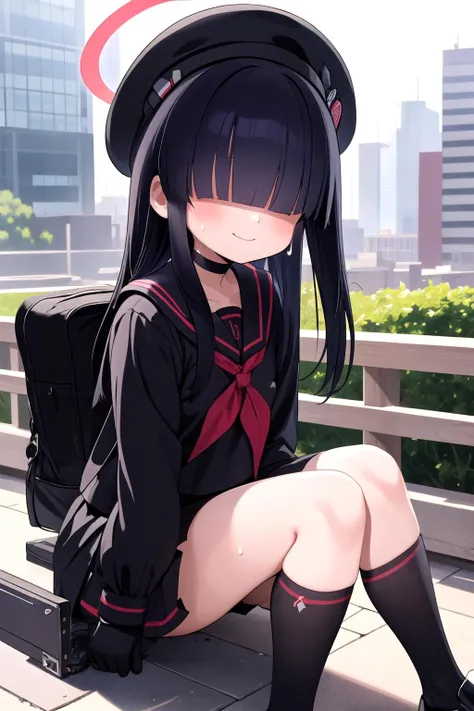 <lora:JTFMob_BA:1:lbw=1,0,0,1,1,1,1,1,1,1,1,1,1,0,0,0,0>,jtfmob,halo,hair over eyes,black hair,long hair,beret,black serafuku,black shirt,long sleeves,black miniskirt,choker,black gloves,black socks,black shoes,outdoors,cityscape,sweat,light smile,