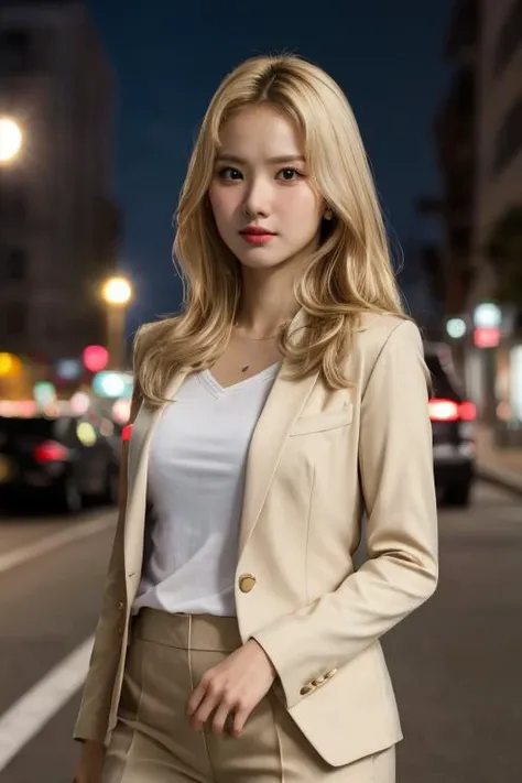 masterpiece, best quality, ultra-detailed, ultra high res, (photorealistic:1.4), raw photo, (realistic:0.2), CG, 8k HDR, perfect lighting, 1girl, solo, looking at viewer, (plain t-shirt, blazer, pant suit), outdoor, (city, busy street), night, scattered cloud, aurora sky, upper body, lower body, asymmetrical long hair, blonde hair, (detailed oily skin), (detailed face), (detailed background :1.1), cold weather,