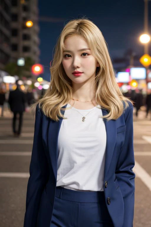 masterpiece, best quality, ultra-detailed, ultra high res, (photorealistic:1.4), raw photo, (realistic:0.2), CG, 8k HDR, perfect lighting, 1girl, solo, looking at viewer, (plain t-shirt, blazer, pant suit), outdoor, (city, busy street), night, scattered cloud, aurora sky, upper body, lower body, asymmetrical long hair, blonde hair, (detailed oily skin), (detailed face), (detailed background :1.1), cold weather,