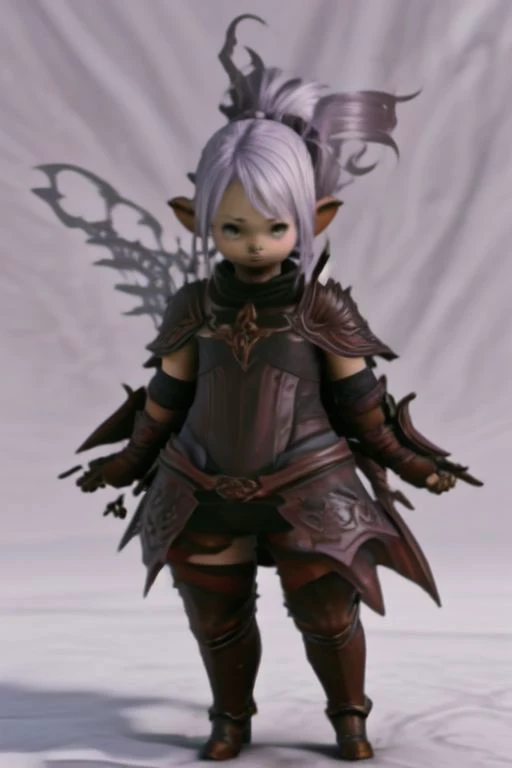 lalafell wearing dragoon armor, dragoon, solo, pa, , Dark metalic purple and black armo, brown shoulder length hair, perfect, lalafell, cape, magic_aura, perfect proportions, perfect hands, high jump, in the air, attack