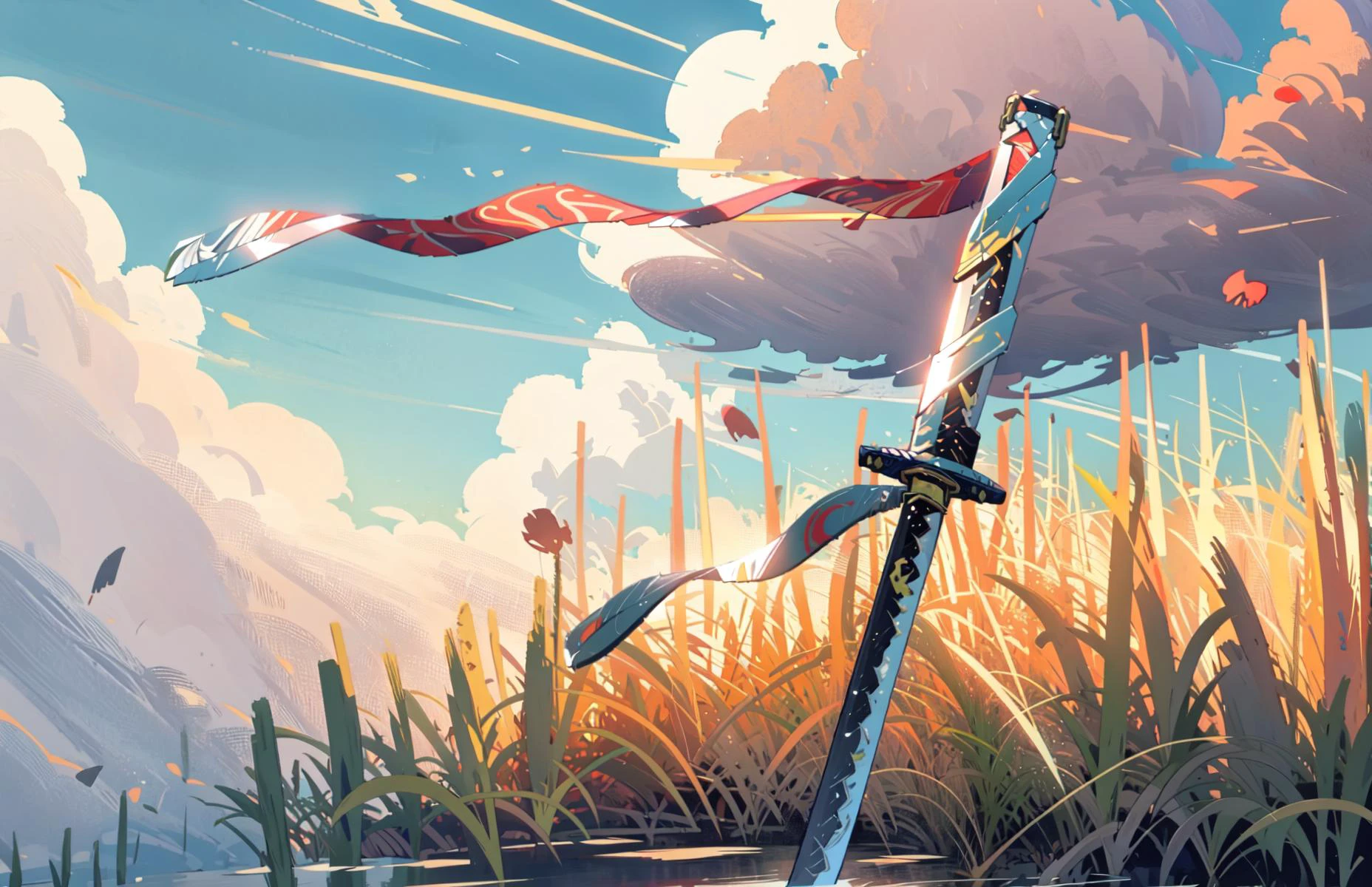 masterpiece, best quality, ultra-detailed, illustration, colorful, blade, (katana:1.2), blade down, grass, water, sky, clouds <lora:KatanaOneHandV5:1>