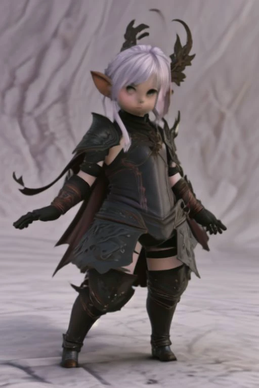lalafell wearing dragoon armor, dragoon, solo, pa, , Dark metalic purple and black armo, brown shoulder length hair, perfect, lalafell, cape, magic_aura, perfect proportions, perfect hands, high jump, in the air, attack