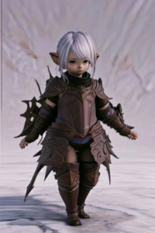 lalafell wearing dragoon armor, dragoon, solo, pa, , Dark metalic purple and black armo, brown shoulder length hair, perfect, lalafell, cape, magic_aura, perfect proportions, perfect hands, high jump, in the air, attack