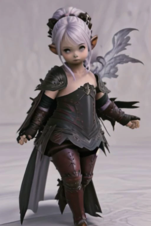 lalafell wearing dragoon armor, dragoon, solo, pa, , Dark metalic purple and black armo, brown shoulder length hair, perfect, lalafell, cape, magic_aura, perfect proportions, perfect hands, high jump, in the air, attack
