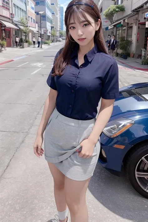 (skin blemish:0.8), (skindentation), black eye, 1woman, 25yo, (((woman))), solo, realistic, best quality, photorealistic, masterpiece, 8k, high res, solo, extremely detailed face, (professional lighting, bokeh), (light particles, lens flare, glowing particles:0.6), (dynamic pose:1.2), soft lighting, top angle view, fashionable and trendy atmosphere, Japan, Hokkaido, street, city, park, shop, river, ((daytime)), sky, ((looking at the viewer:1)), (looking at the camera),(portrait:0.6), cowboy shot, gorgeous, standing, hands down, keep original facial proportion, wide shoulder, full body, (small breast), (medium hair), brown hair, floating hair, lips, lipstick, floating hair, smile, open_mouth, teeth, office suit, short sleeves shirt, blouse, uniform, long skirt, eyelashes, mole, (mole under eye:1), <lora:JudyK:0.7>