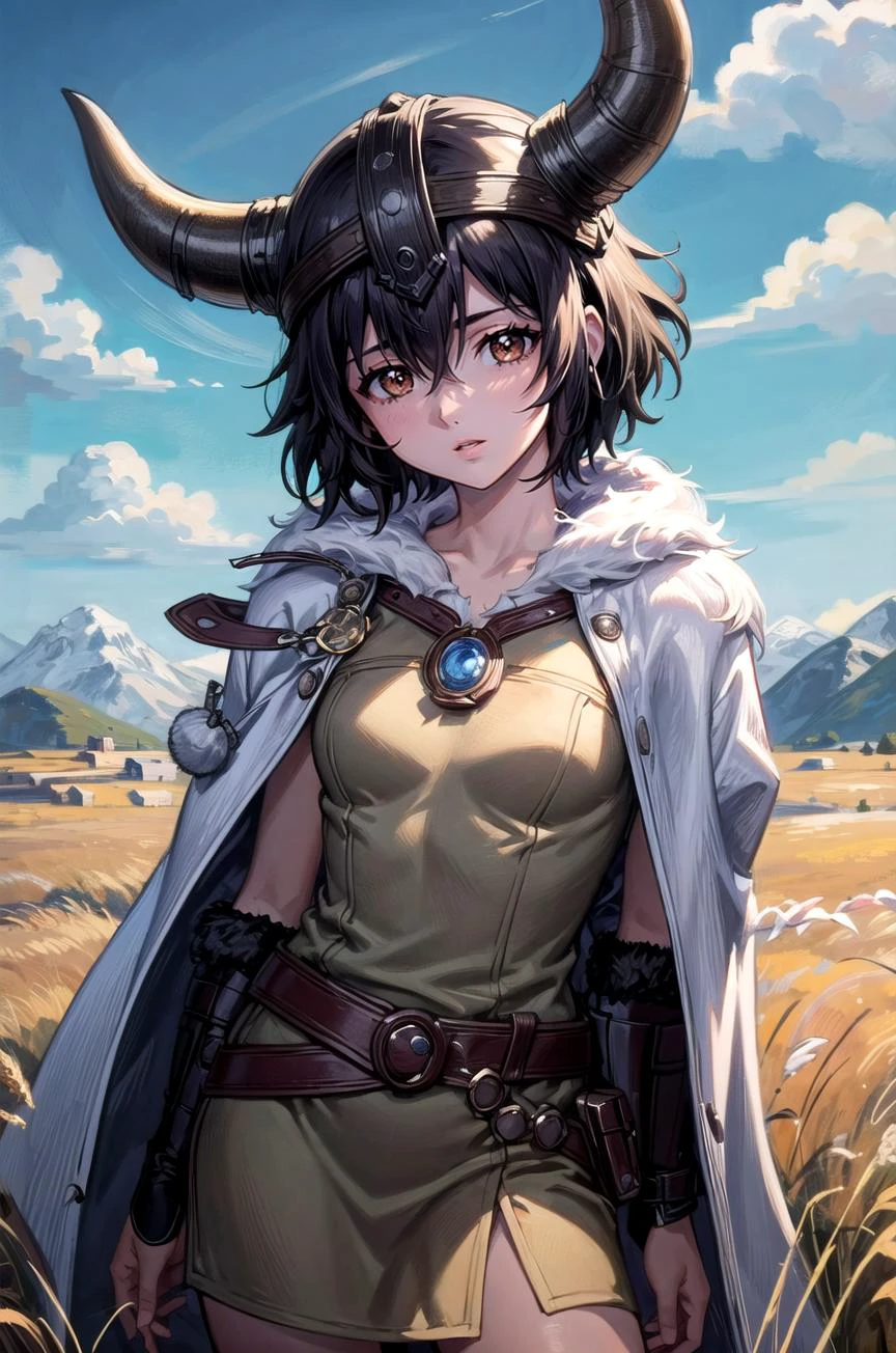 (masterpiece, best quality, detailed), 1girl, solo, yuumura, looking at viewer,
<lora:AncientVikings:0.9>, ancient viking, viking helmet, horned helmet, fur trim, helmet, outdoors, wheat, wheat field, sky, cloud, mountainous horizon, contrapposto, parted lips