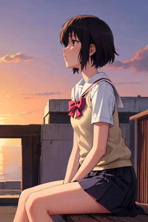 yuumura, 1girl, solo, school uniform, bowtie, sweater vest, shirt, pleated skirt, sitting, sunset, expressionless, profile, outdoors <lora:yuumura_V3-09:0.7>