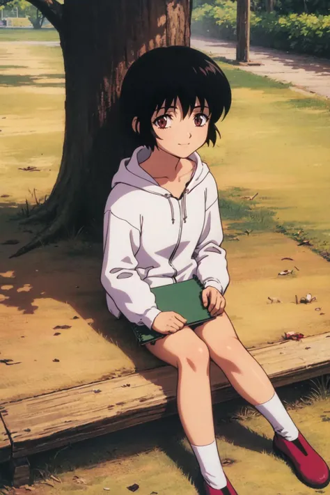 yuumura, 1girl, solo, hooded jacket, socks, red footwear, sitting, shoes, hood, white socks, long sleeves, tree, on ground, sketchbook, light smile, closed mouth, looking at viewer,   <lora:yuumura_V3-09:0.7>