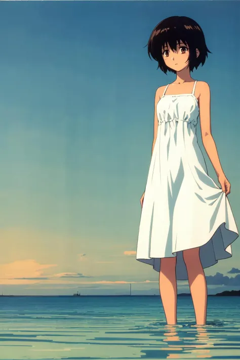 yuumura, 1girl, solo, sunset, sky, dress, wading, water, cloud, sundress, skirt hold, white dress <lora:yuumura_V3-09:0.7>