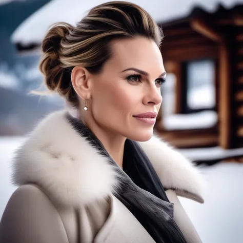 contrasts <lora:offset_0.2:.5> <lora:hilaryswank_sdxl:1>, hilaryswank updo hair style, a close up art style photo, (30 year old woman) , (white fur coat), winter, (snow covered trees, rocky mountains), (fog), (log cabin), evening, 24mm, 4k textures, soft cinematic light, adobe lightroom, photolab, hdr, intricate, elegant, highly detailed, sharp focus, ((((cinematic look)))), soothing tones, insane details, intricate details, hyperdetailed, low contrast, soft cinematic light, exposure blend, hdr,