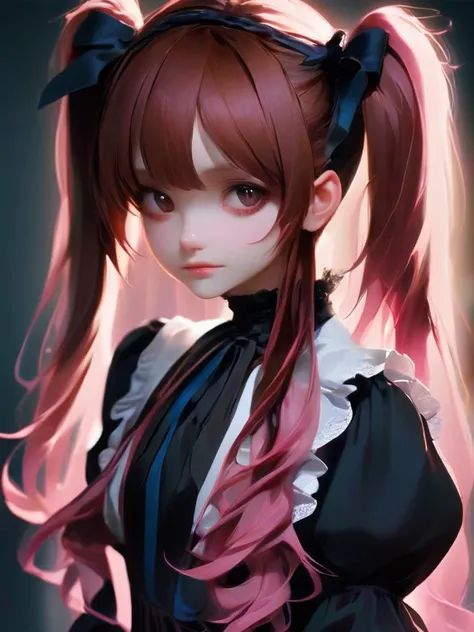cute girl, bangs. gothic.
beautiful face. beautiful hair. pink brown hair. twintail. pig tails.
super long hair.
blue dress. frill. soft smile. black ribon.
<lora:loha_gothic_sdxl:1>