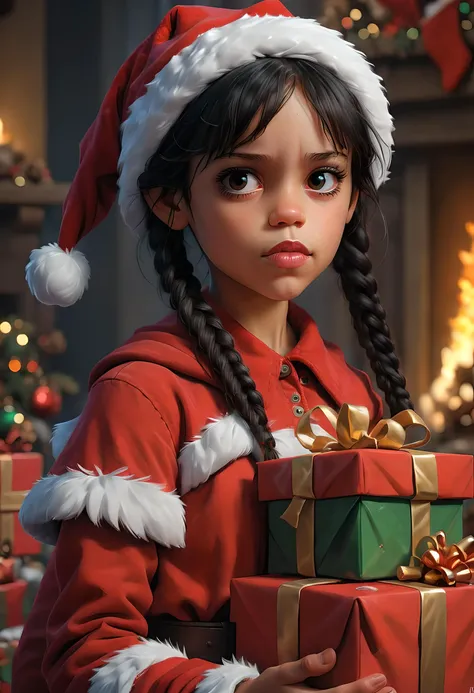 Jenna Ortega<lora:Jenna_Ortega-000003:1>, Santa Claus, holding presents, by justin gerard and greg rutkowski, digital art, realistic painting, dnd, character design, trending on artstation