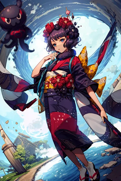 masterpiece,best quality,1girl,katsushika hokusai \(fate\),kimono,obi,hair flower,sandals,tabi,hair stick,fur collar,tokitarou \(fate\),octopus,misty lake,<lora:KatsushikaHokusaiV2:0.8>,