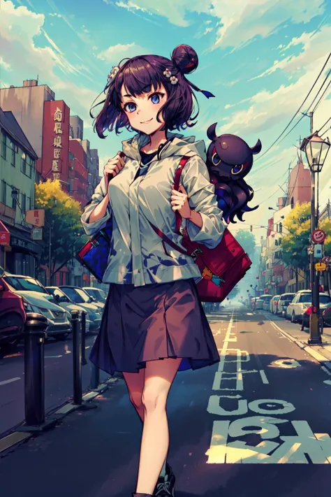 (low saturation),masterpiece,best quality,1girl,katsushika hokusai \(fate\),single hair bun,hooded jacket,shoulder bag,hairpin,skirt,smile,town street,walking,(tokitarou \(fate\),octopus),<lora:KatsushikaHokusaiV2:0.7>,