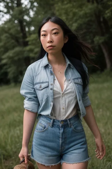 DEN_awkwafina,
walking through a tallgrass meadow wearing Jean shorts and plaid shirt, meadow, wild, overgrown, walking,,
bokeh, f1.4, 40mm, photorealistic, raw, 8k, textured skin, skin pores, intricate details  <lora:epi_noiseoffset2:1>, epiCRealism