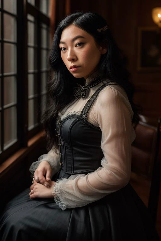 DEN_awkwafina,
French Post card, wearing a Victorian steampunk dress sitting in a Victorian parlour house, glamour, Victorian, atmospheric Victorian steampunk,
bokeh, f1.4, 40mm, photorealistic, raw, 8k, textured skin, skin pores, intricate details <lora:epi_noiseoffset2:1>, epiCRealism