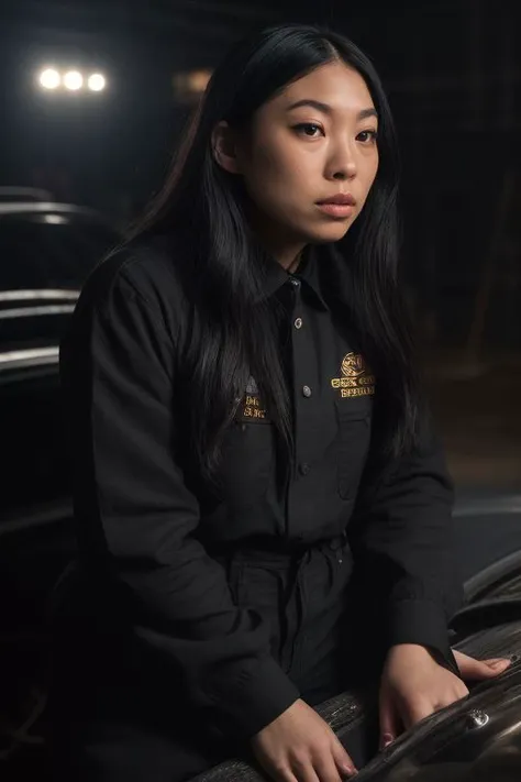 DEN_awkwafina,
working in a garage on a mustang car engine covered in oil and dirt wearing a dirty jumpsuit, mechanic, working on a car, engine,
bokeh, f1.4, 40mm, photorealistic, raw, 8k, textured skin, skin pores, intricate details <lora:epi_noiseoffset2:1>, epiCRealism