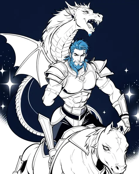 ((masterpiece), best quality, high quality, professional quality, highly detailed, highres, perfect lighting, natural lighting), monochrome, line art, coloring page, (1boy, slender, handsome, mustache, short hair, black hair), wearing armor, riding a dragon, in a fantasy town