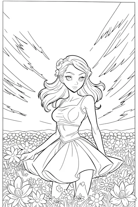 b&w, coloring page, line art, A field of flowers