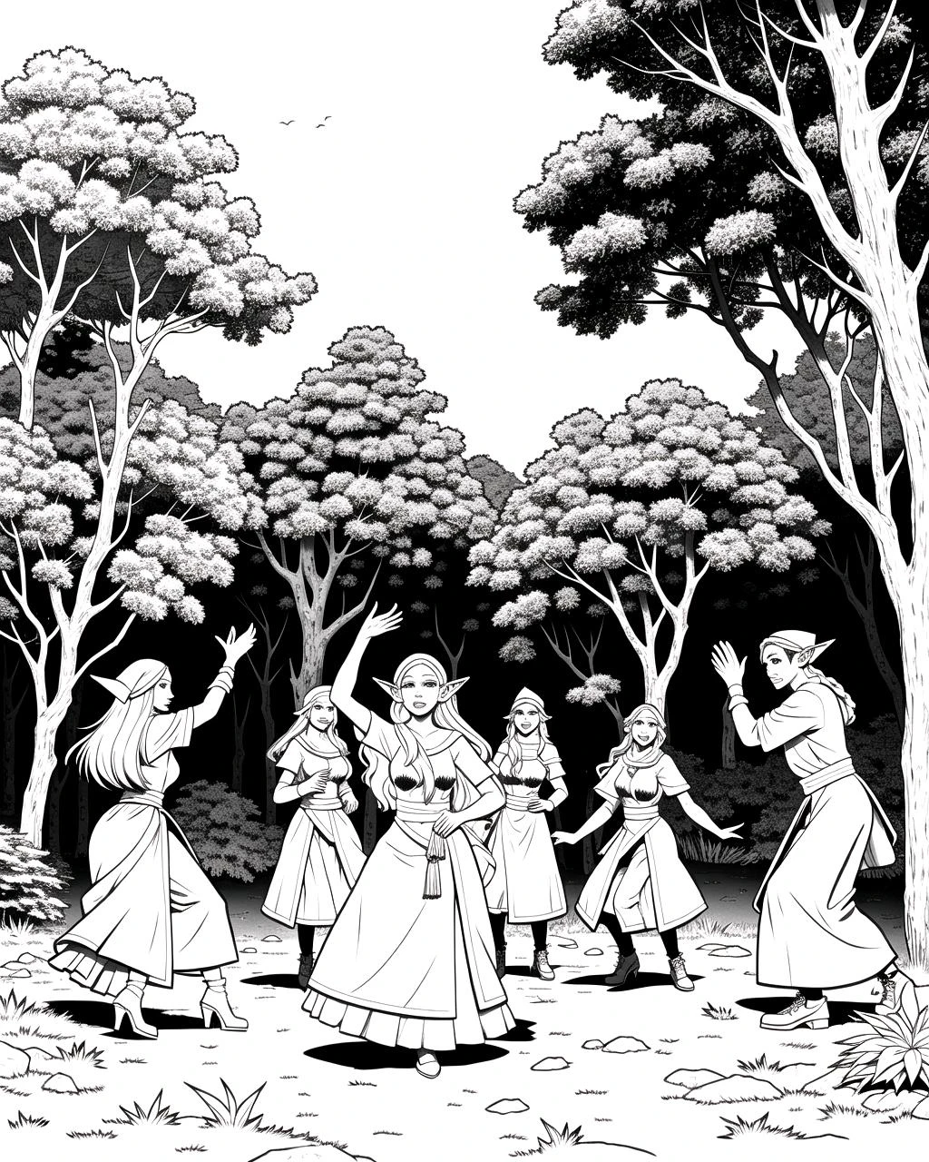 coloring page, b&w, line art, ((masterpiece), best quality, high quality, professional quality, highly detailed, highres, perfect lighting, natural lighting), group of elves, dancing, bonfire, in forest, surrounded by large trees