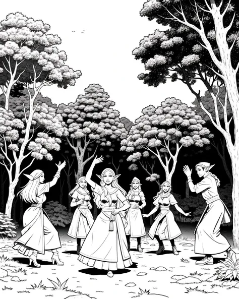 coloring page, b&w, line art, ((masterpiece), best quality, high quality, professional quality, highly detailed, highres, perfect lighting, natural lighting), group of elves, dancing, bonfire, in forest, surrounded by large trees