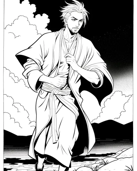 ((masterpiece), best quality, high quality, professional quality, highly detailed, highres, perfect lighting, natural lighting), coloring page, b&w, line art, (1boy, slender, handsome, goatee, short hair, white hair), wearing wizard robes, running, by a lake