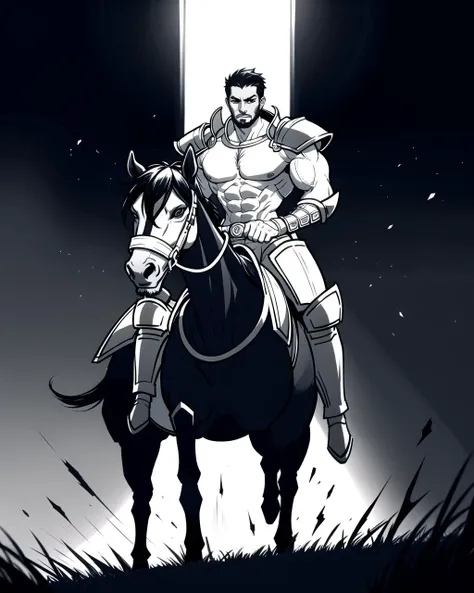 ((masterpiece), best quality, high quality, professional quality, highly detailed, highres, perfect lighting, natural lighting), (1boy, muscular, handsome, goatee, short hair, black hair), wearing armor, riding a horse, on a battlefield