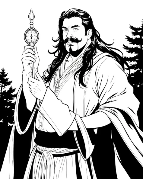 ((masterpiece), best quality, high quality, professional quality, highly detailed, highres, perfect lighting, natural lighting), coloring page, b&w, line art, (1boy, overweight, handsome, mustache, long hair, black hair), wearing wizard robes, casting a spell, outdoors