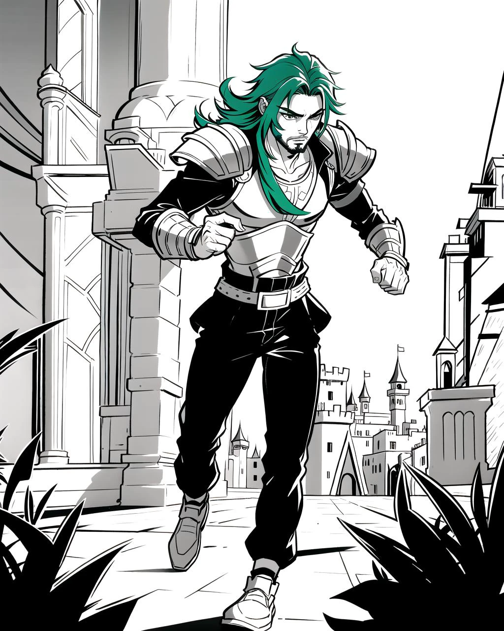 ((masterpiece), best quality, high quality, professional quality, highly detailed, highres, perfect lighting, natural lighting), monochrome, line art, coloring page, (1boy, slender, handsome, goatee, medium length hair, green hair), wearing armor, running, in a castle