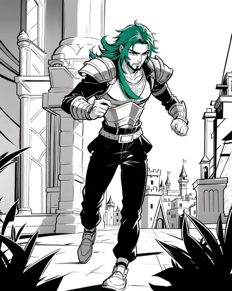 ((masterpiece), best quality, high quality, professional quality, highly detailed, highres, perfect lighting, natural lighting), monochrome, line art, coloring page, (1boy, slender, handsome, goatee, medium length hair, green hair), wearing armor, running, in a castle