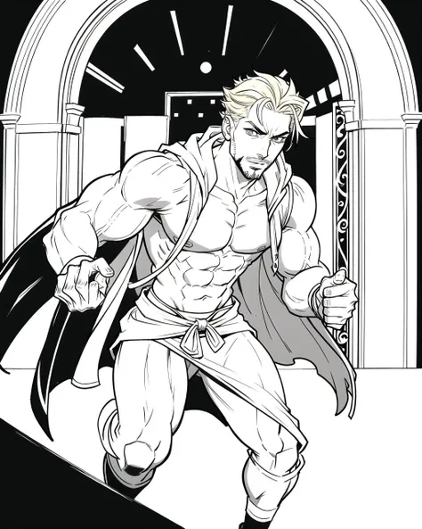 ((masterpiece), best quality, high quality, professional quality, highly detailed, highres, perfect lighting, natural lighting), monochrome, line art, coloring page, (1boy, muscular, handsome, goatee, short hair, blonde hair), wearing wizard robes, running, in a castle