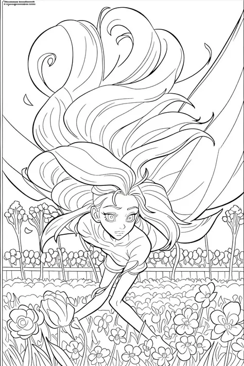 b&w, coloring page, line art, A field of flowers