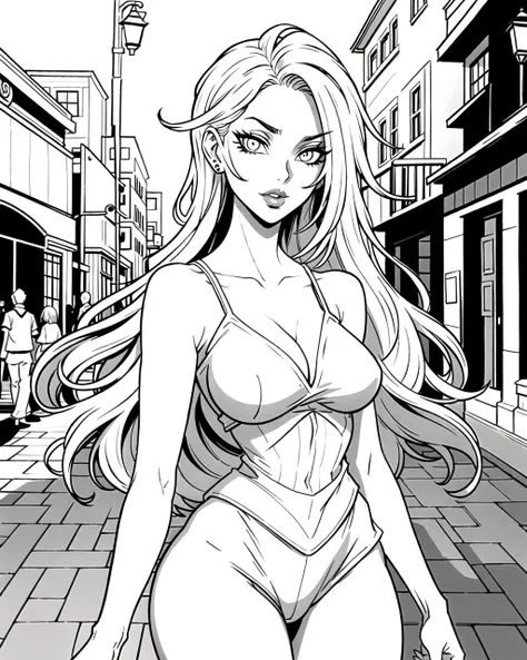 ((masterpiece), best quality, high quality, professional quality, highly detailed, highres, perfect lighting, natural lighting), monochrome, line art, coloring page, ominous, Ethereal presence with an otherworldly aura, Fair Skin, Blonde with shoulder-length hair, violet matte lipstick, A flickering streetlamp casting long, distorted shadows on an empty street