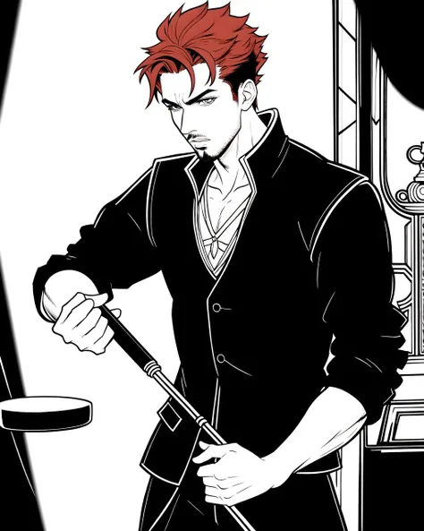 ((masterpiece), best quality, high quality, professional quality, highly detailed, highres, perfect lighting, natural lighting), coloring page, b&w, line art, (1boy, slender, handsome, goatee, short hair, red hair), wearing fantasy clothing, casting a spell, on a battlefield