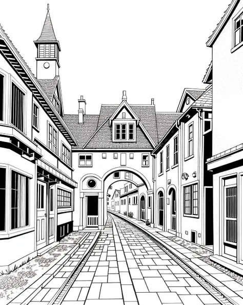 coloring page, b&w, line art, fantasy town