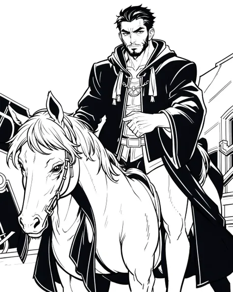 ((masterpiece), best quality, high quality, professional quality, highly detailed, highres, perfect lighting, natural lighting), monochrome, line art, coloring page, (1boy, overweight, handsome, facial hair, short hair, black hair), wearing wizard robes, riding a horse, in a fantasy town