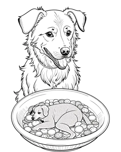 coloring page, b&w, line art, dog eating from dog dish