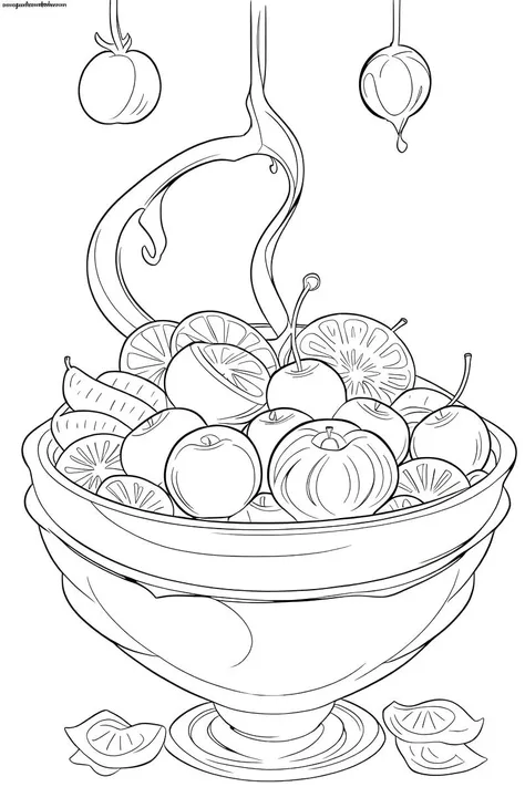 b&w, coloring page, line art, bowl of fruit