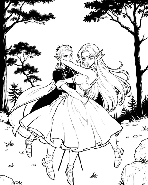 ((masterpiece), best quality, high quality, professional quality, highly detailed, highres, perfect lighting, natural lighting), group of elves, dancing, bonfire, in forest, surrounded by large trees, monochrome, coloring page, line art